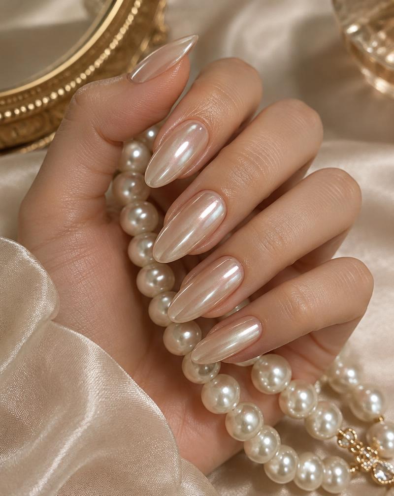 Diseño elegante perlado en uñas almendra