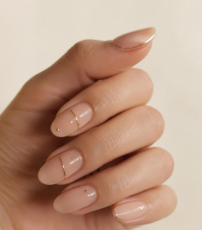 Nail art minimalista con líneas doradas