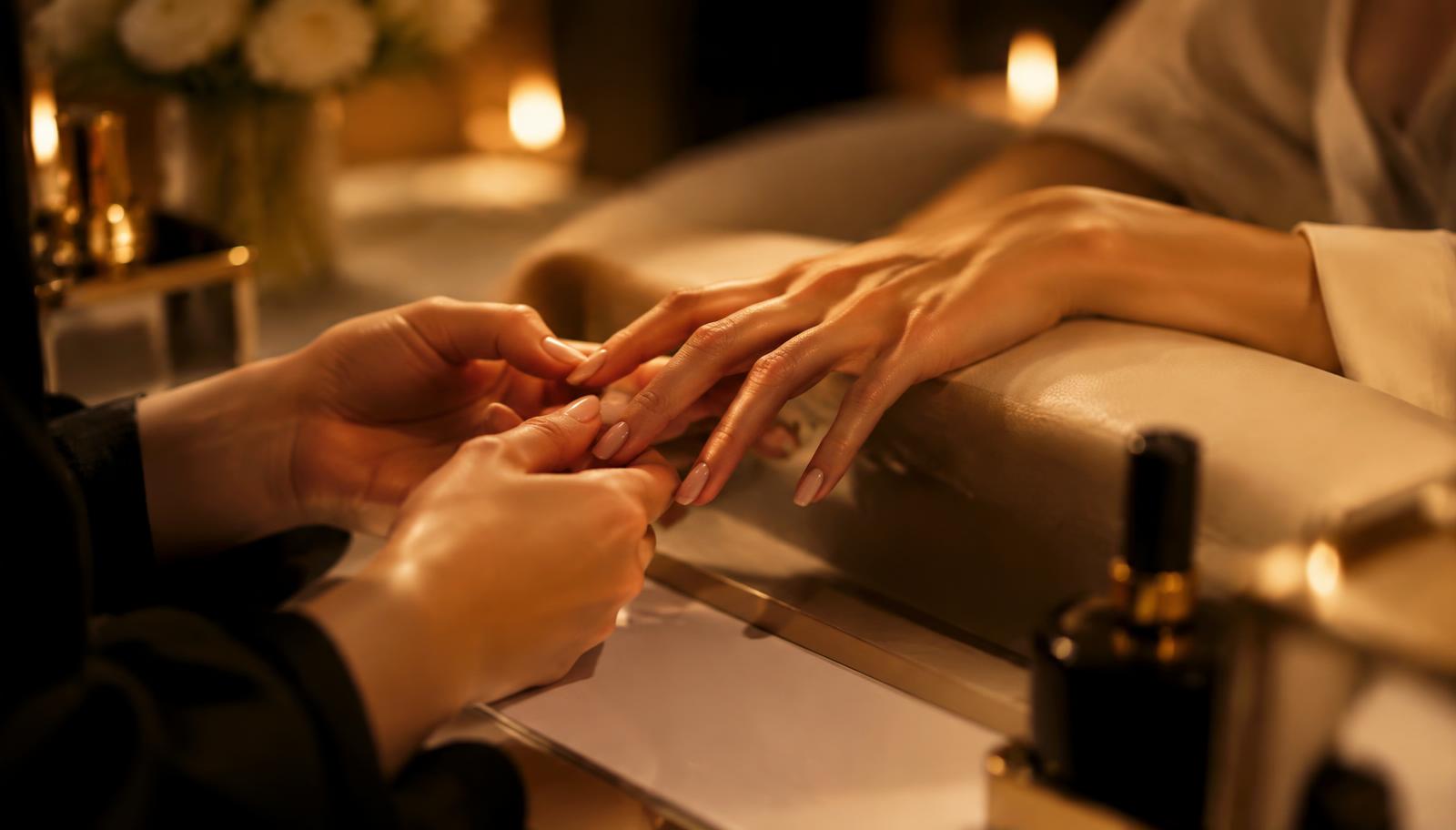 Sesión de manicura con luz cálida y uñas nude