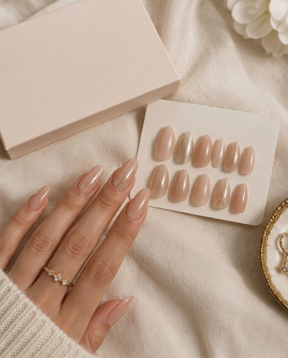 Set de uñas press on personalizadas en tonos nude y champaña
