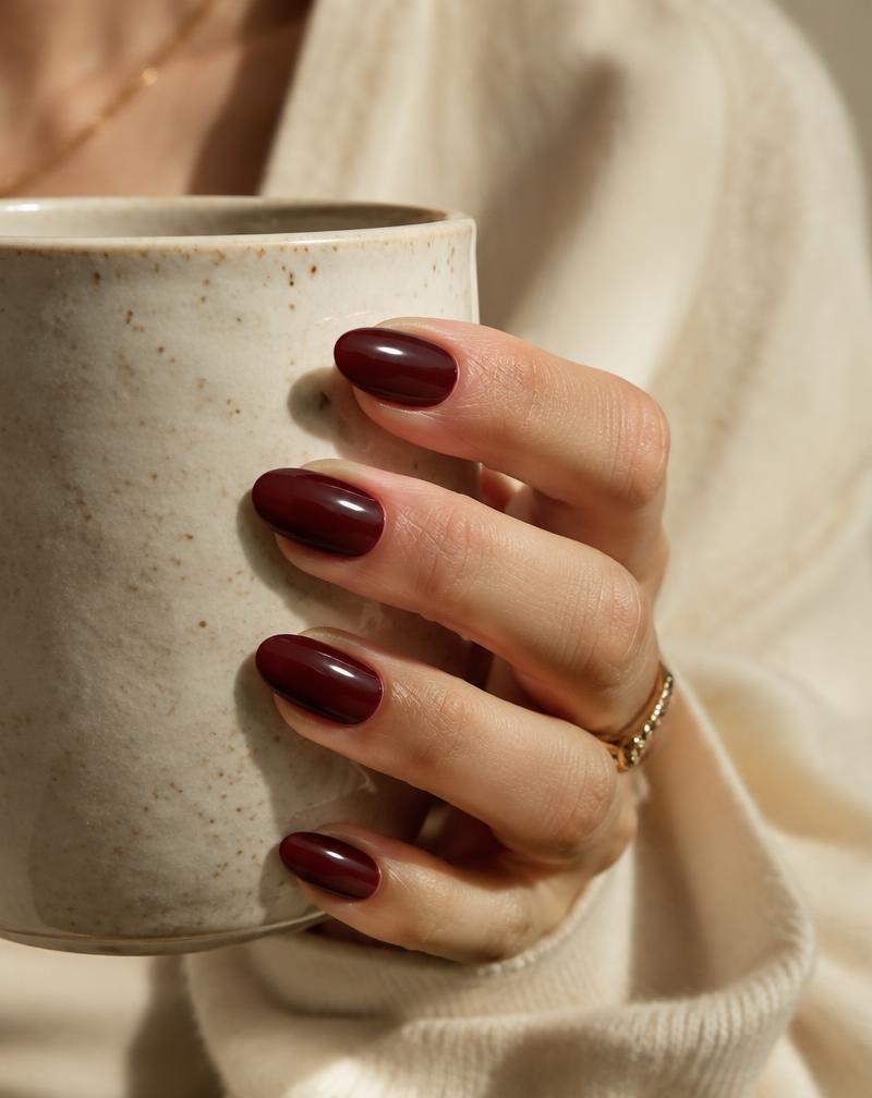 Mano con esmaltado semipermanente vino tinto brillante sosteniendo una taza